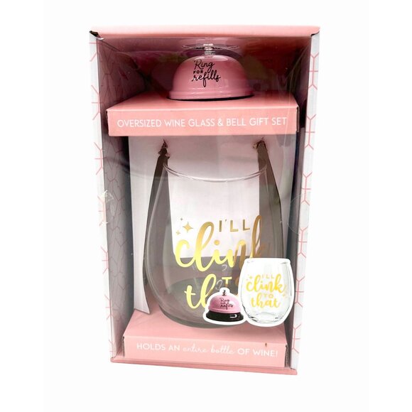 NIB OVERSIZED 30 OZ WINE GLASS & PINK RING BELL CLINK TO THAT WINE GIFT SET - Picture 1 of 6